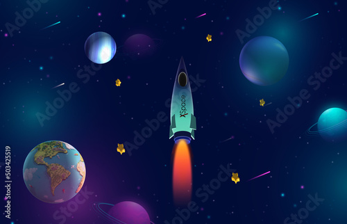 Fototapeta Naklejka Na Ścianę i Meble -  3D Rocket launch on galaxy background, Spaceship icon, startup business concept. 3d render illustration