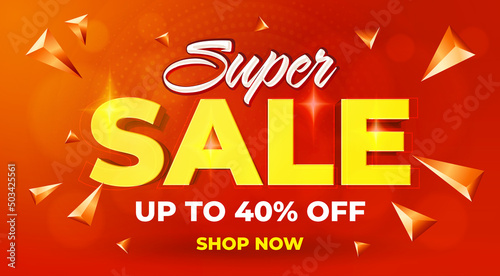 Super sale event advertisement template. Up to 40 percent off price discount offer design. Retail shopping promotion banner vector illustration