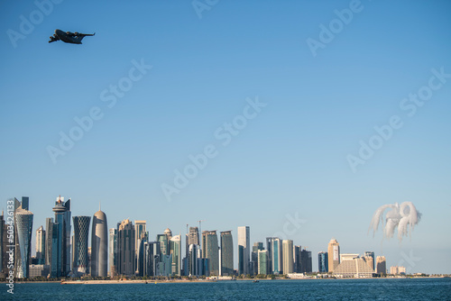 Doha,Qatar,December,18,2017. The Qatar Air Force Parade on the Doha Corniche waterfront promenade for Qatar national day.