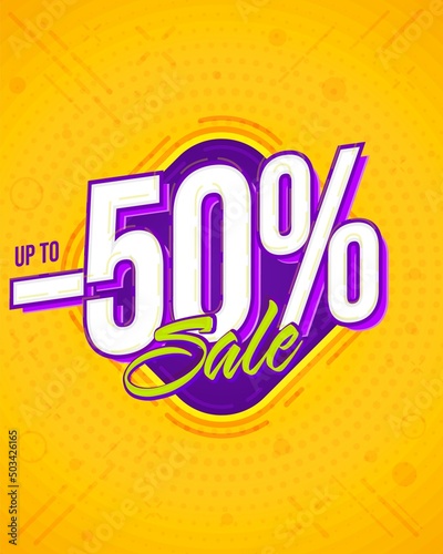 Up to 50 percent off sale half price special offer promotion. Social media flyer with discount announcement for retail marketing campaign vector illustration