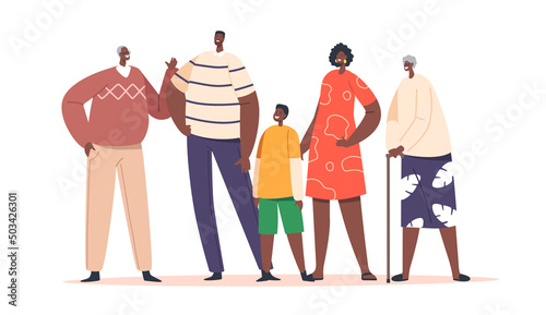 Big Happy Modern African Family Characters Parents, Grandparents and Children Stand Together. Father, Mother and Kids