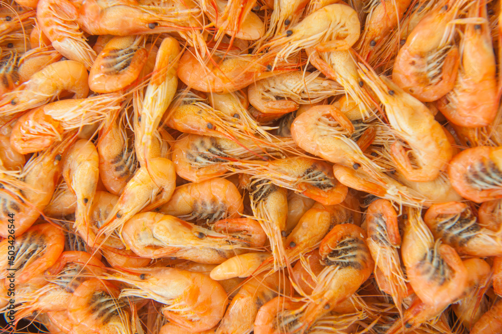 Cooked shrimps food background, top view Cooked shrimps food background, top view