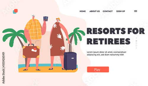 Resorts for Retirees Landing Page Template. Senior Tourists Couple Visiting in Exotic Country. Old Characters Travel
