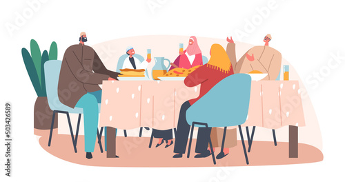 Ramadan Holiday Celebration. Traditional Arab Family Old and Young Characters Eat Ifthar Sitting at Table with Meals