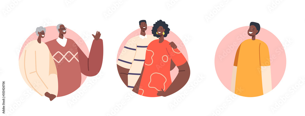 Big Happy Modern African Family Characters Round Icons, Parents, Grandparents and Child. Father, Mother and Kid Bonding
