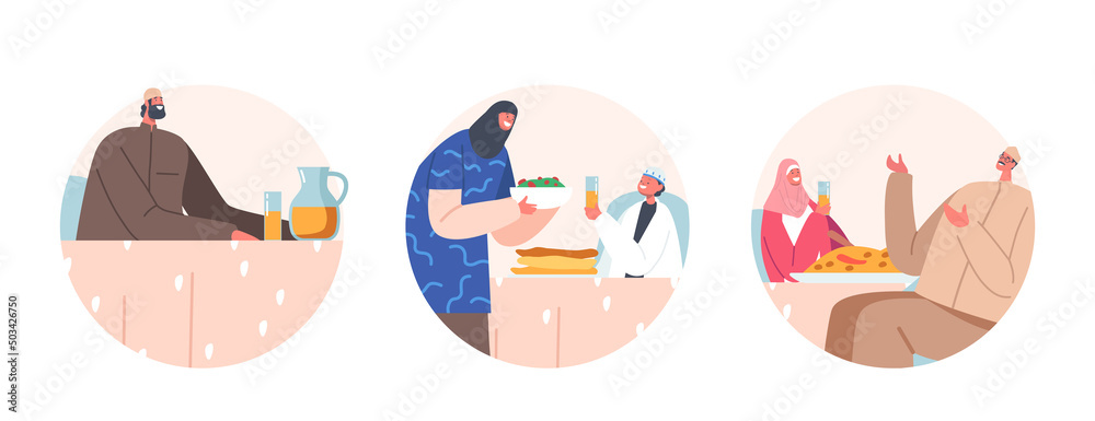 Ramadan Holiday Celebration Round Icons. Traditional Arab Family Old and Young Characters Eat Ifthar Sitting at Table