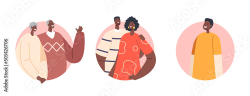 Big Happy Modern African Family Characters Round Icons, Parents, Grandparents and Child. Father, Mother and Kid Bonding