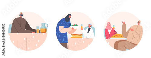 Ramadan Holiday Celebration Round Icons. Traditional Arab Family Old and Young Characters Eat Ifthar Sitting at Table