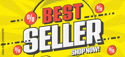 Sale banner advertising best seller. Best price on guaranteed high quality product or service. Warranty customer satisfaction announcement. Special offer discount vector illustration