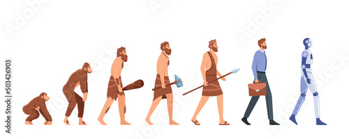 Leinwand Poster Human Evolution from Monkey to Cyborg Timeline Isolated on White Background