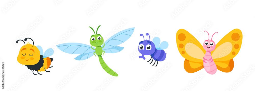 Set of Cute Insects Cartoon Characters. Butterfly, Bee, Dragonfly or Fly Isolated on White Background. Funny Personages