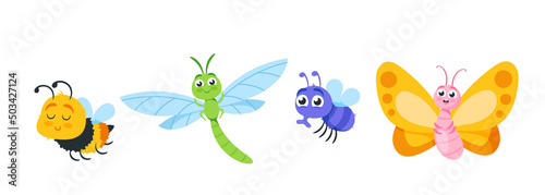 Set of Cute Insects Cartoon Characters. Butterfly  Bee  Dragonfly or Fly Isolated on White Background. Funny Personages