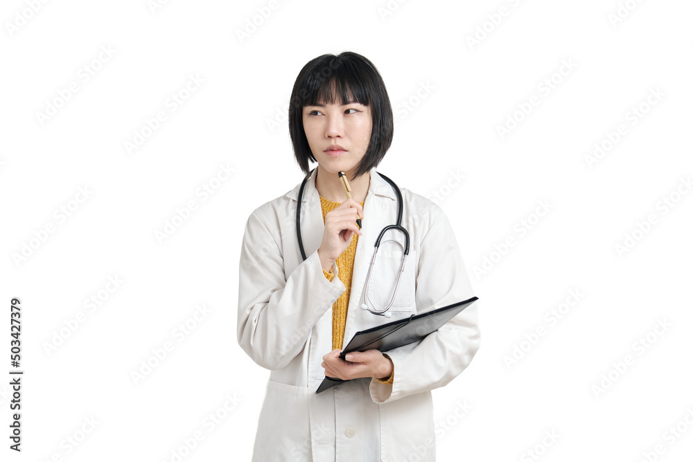 Young asian female doctor thinking with pen and folder, isolated on white background. Young asian female doctor thinking with pen and folder, isolated on white background.
