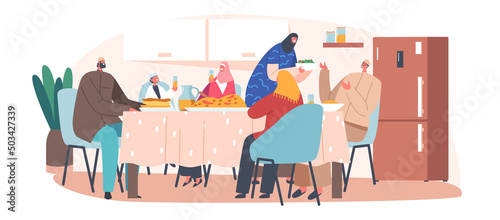 Muslim Holiday Celebration, Festive Dinner. Traditional Arab Family Characters Eating Iftar Sitting Together at Table