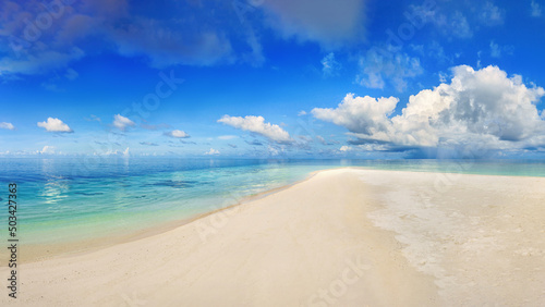  Panorama of wide sandy beach on a tropical island in Maldives