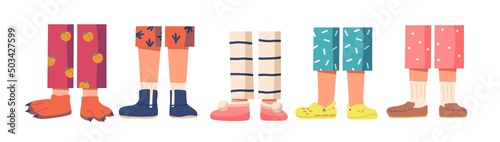 Children Legs in Pajamas and Funny Slippers. Kids Feet Wear Colorful Home Pants and Animal Paws, Textile Footwear