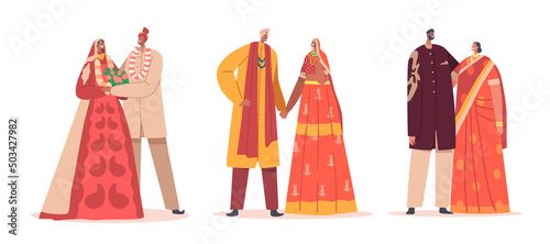 Set of Traditional Indian Couples Celebrate Wedding Ceremony. Happy Groom and Bride Characters Wear Festive Clothes