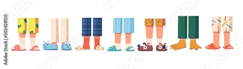 Children Legs in Slippers, Comfortable Stylish Home Shoes, Cozy Kids Footwear of Colorful Design, Creative Baby Slippers