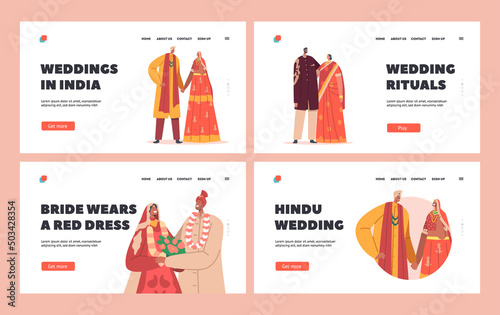 Traditional Indian Couples Wedding Landing Page Template Set.Happy Groom and Bride Characters Wear Festive Clothes