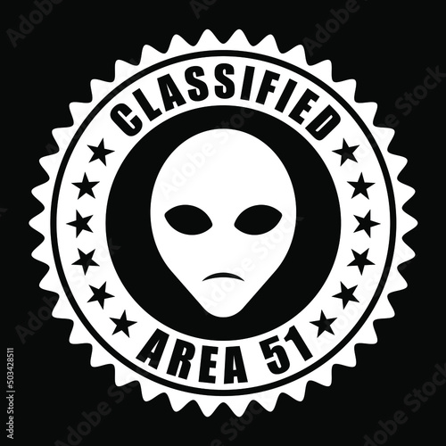 Classified area 51 label. Alien head vector sign. Humanoid face symbol icon. Extraterrestrial logo. Science fiction stamp. Ufo and sci-fi character illustration image.