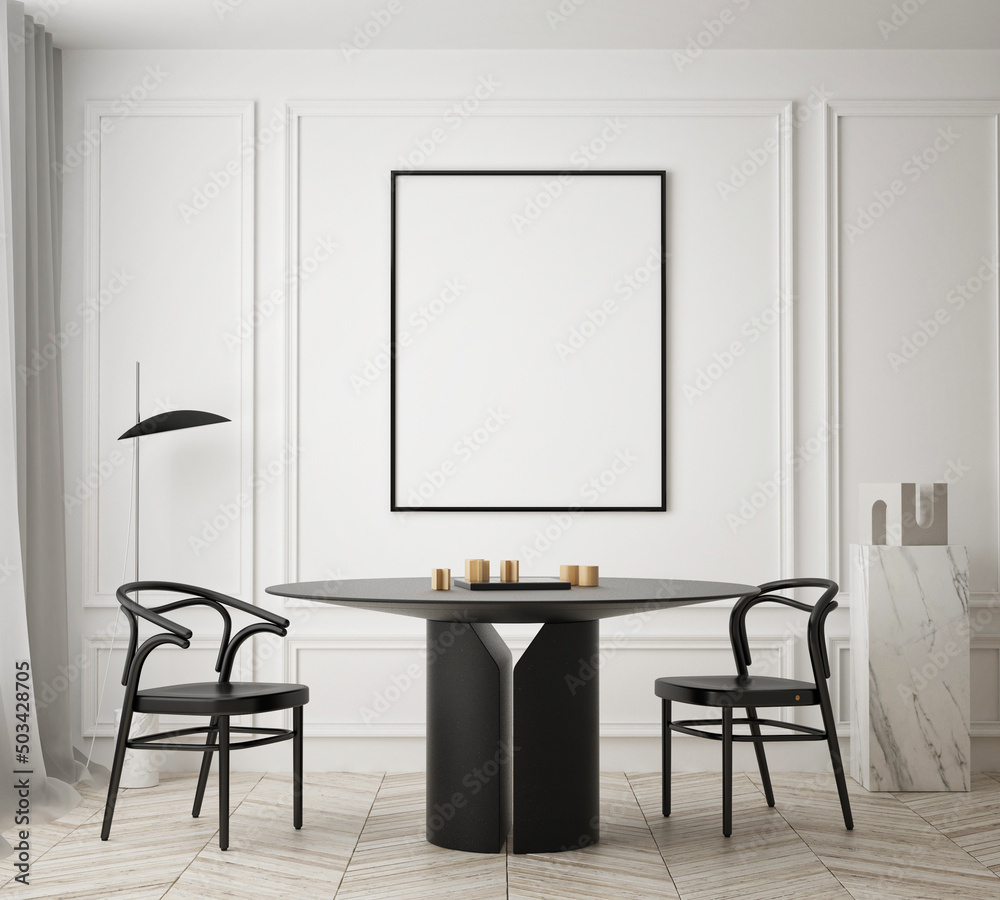 mock up poster frame in modern interior background, dinning room, living room, Scandinavian style, 3D render, 3D illustration