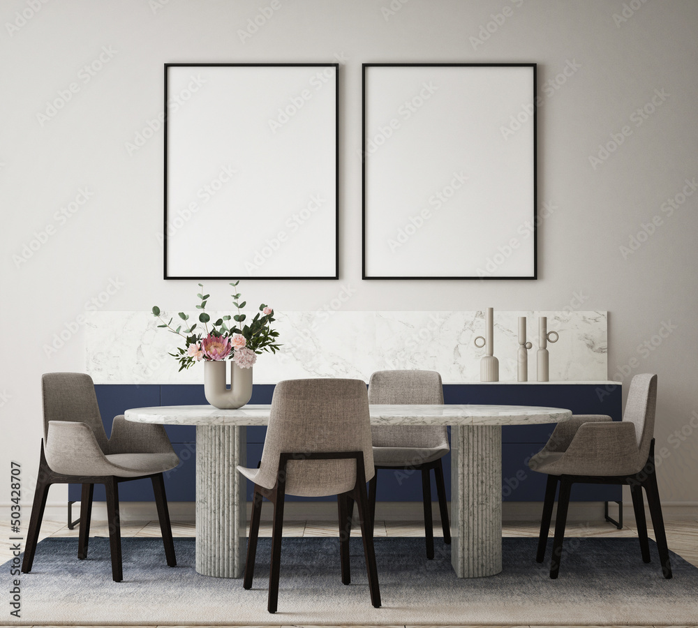 mock up poster frame in modern interior background, dinning room, living room, Scandinavian style, 3D render, 3D illustration - obrazy, fototapety, plakaty 