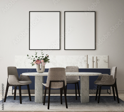 mock up poster frame in modern interior background, dinning room, living room, Scandinavian style, 3D render, 3D illustration