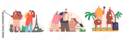 Senior Tourists in Foreign City Searching Place with Map, Using Mobile for Making Selfie. Old Traveler Characters Abroad