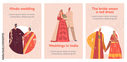 Traditional Indian Couples Celebrate Wedding Ceremony Banners. Happy Groom and Bride Characters Wear Festive Clothes