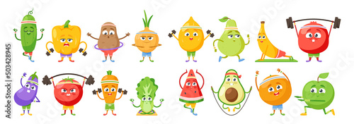 Fruits and Vegetable Characters Sport Exercises. Potato, Cucumber, Chinese Cabbage, Bell Pepper, Tomato and Carrot