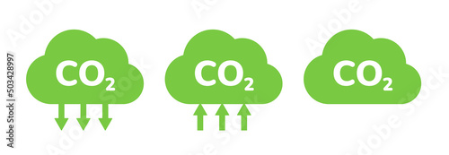 CO2 emission reduction label icon set. CO2 neutral, zero carbon footprint, stop global warming, greenhouse effect. Green ecology environment cloud shape design elements. Flat vector illustration.