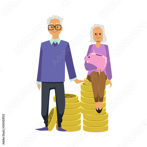 Elderly people save money for retirement, vector flat illustration on a white background.