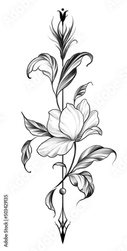 Tattoo graphic illustration decorative element an Arrow with a flower