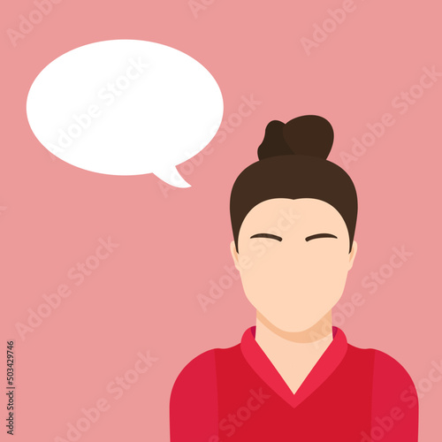 Flat vector illustration. Asian woman with speech bubble