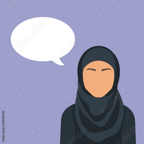 Flat vector illustration. Muslim woman with speech bubble