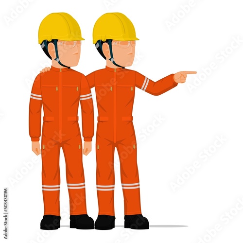 A worker is telling his friend to look at something