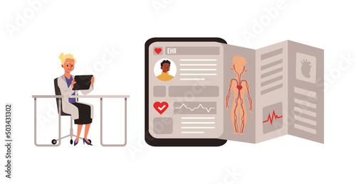 EHR or electronic medical records technology, flat vector illustration isolated.