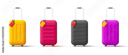Set of 3d render style icons of travel bags with name labels in different colors. Vector illustration