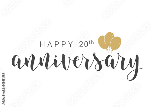 Vector Illustration. Handwritten Lettering of Happy 20th Anniversary. Template for Banner, Card, Label, Postcard, Poster, Sticker, Print or Web Product. Objects Isolated on White Background. photo