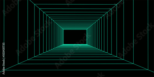 3D wireframe room green on dark background. Abstract perspective grid. Vector illustration.