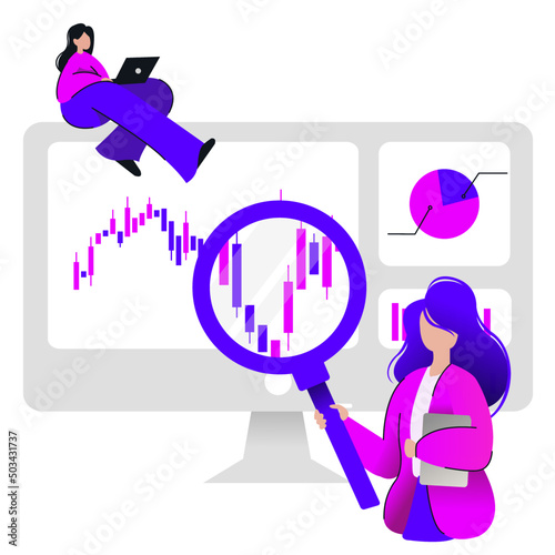 girls analyze diagram chart market on the computer cryptocurrency investment