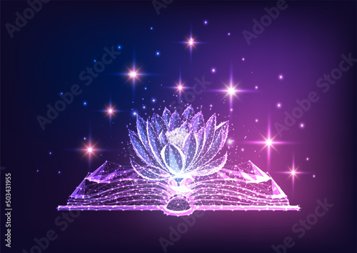 Futuristic magic, mysterious story concept with glowing open book and lotus flowers and stars