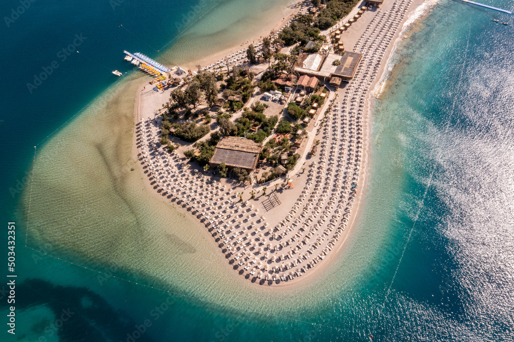 Aerial view from Oludeniz beach at sunny day, Turkey