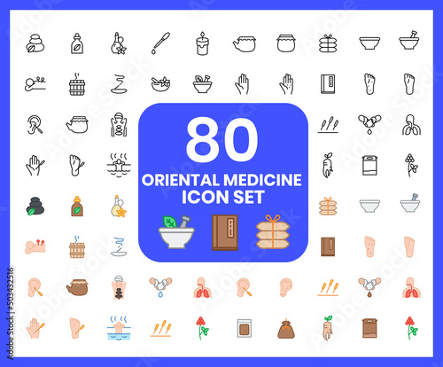Collection of oriental medicine linear icons and color icons. medicinal herbs, saliva, spa Set of Herbal medicine, herbal medicine symbols drawn with thin contour lines.