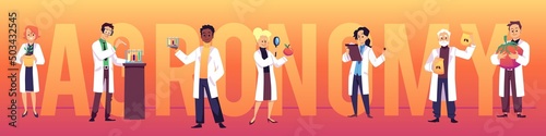 Agronomy header with characters of agronomists, flat vector illustration.