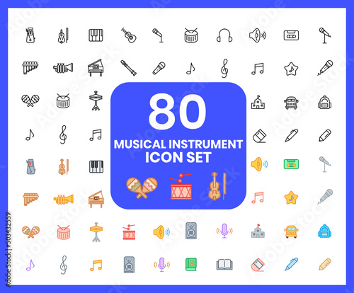 Collection of musical instrument linear icons and color icons. music, class, keyboard, note, piano. Set of Book, speaker symbols drawn with thin contour lines.