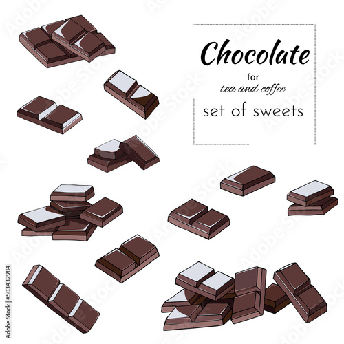 Set of chocolate bars cut out on white background, black chocolate pieces vector illustration