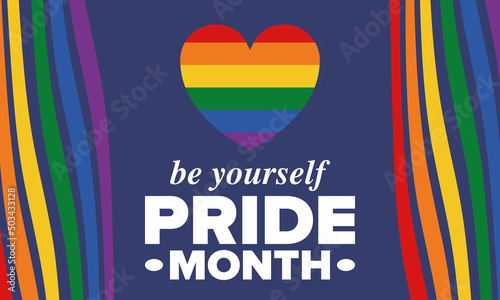LGBT Pride Month in June. Lesbian Gay Bisexual Transgender. Celebrated annual. LGBT flag. Rainbow love concept. Human rights and tolerance. Poster, card, banner and background. Vector illustration