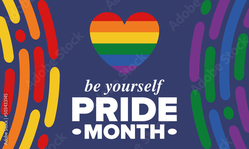 LGBT Pride Month in June. Lesbian Gay Bisexual Transgender. Celebrated annual. LGBT flag. Rainbow love concept. Human rights and tolerance. Poster, card, banner and background. Vector illustration