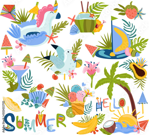 Set of cute Summer compositions  inflatable unicorn toy  tropical leaves  fruit  cocktails  palm and other. Hello summer lettering  hot season. Vector illustration